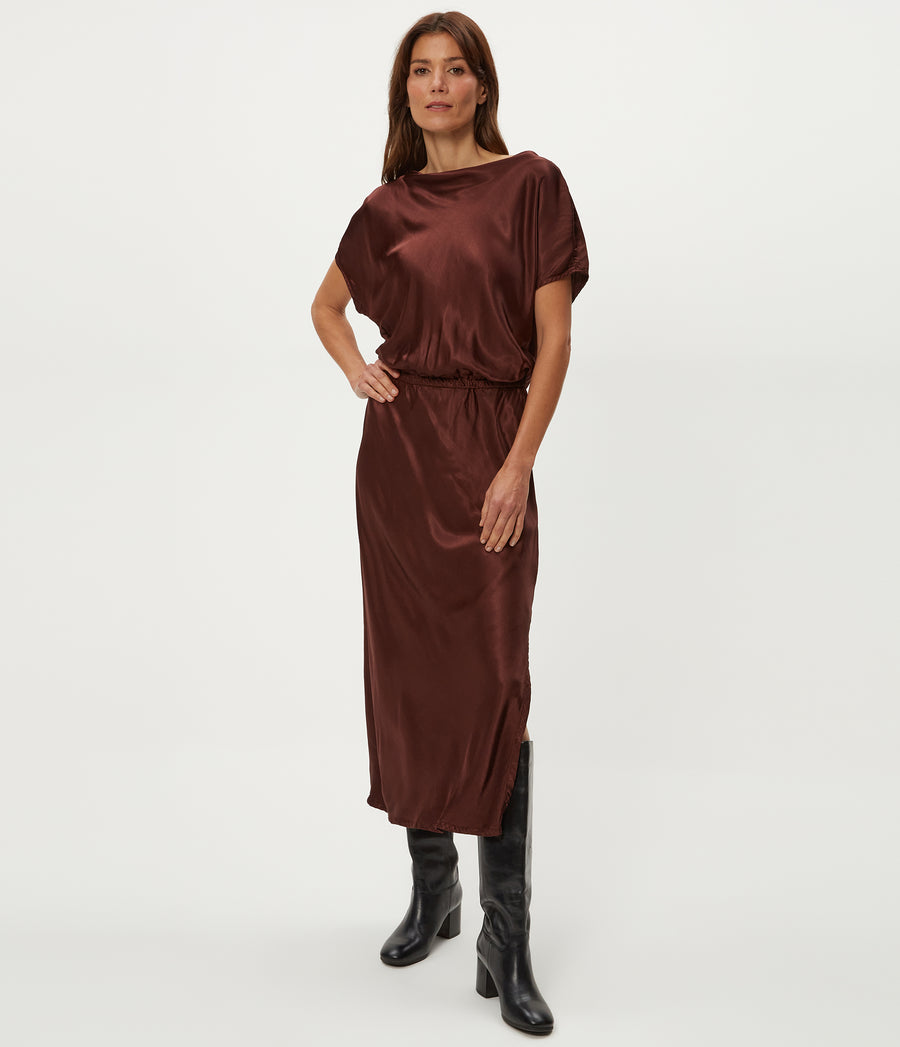 Karter Satin Midi Dress in ESPRESSO Brown Full Body View #ESPRESSO