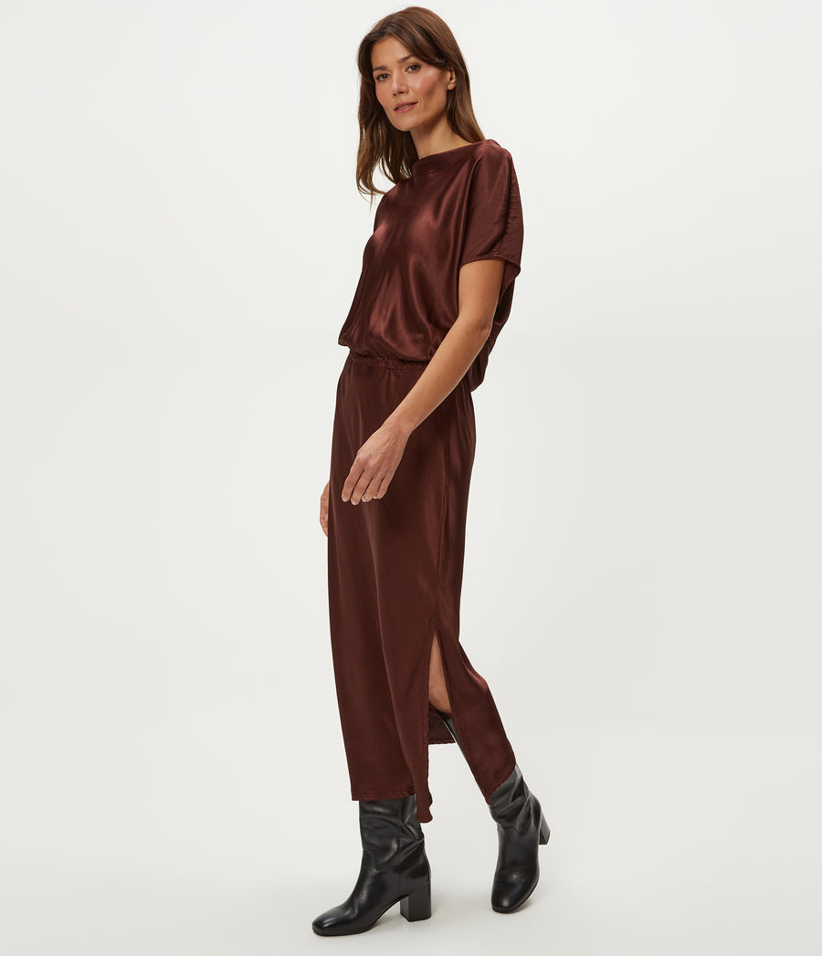 Karter Satin Midi Dress in ESPRESSO Brown Side View #ESPRESSO