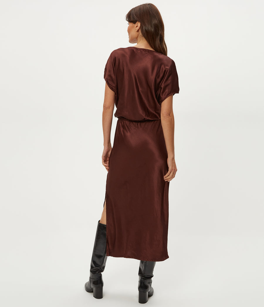 Karter Satin Midi Dress in ESPRESSO Brown Back View #ESPRESSO