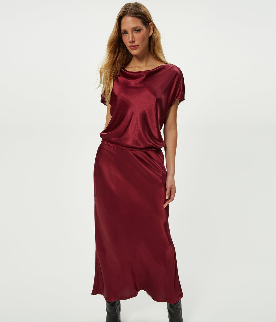 Karter Satin Midi Dress in Garnet Red Close Up View #GARNET