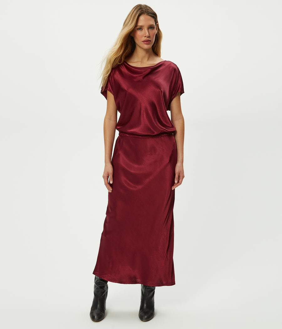 Karter Satin Midi Dress in Garnet Red Full Body View #GARNET