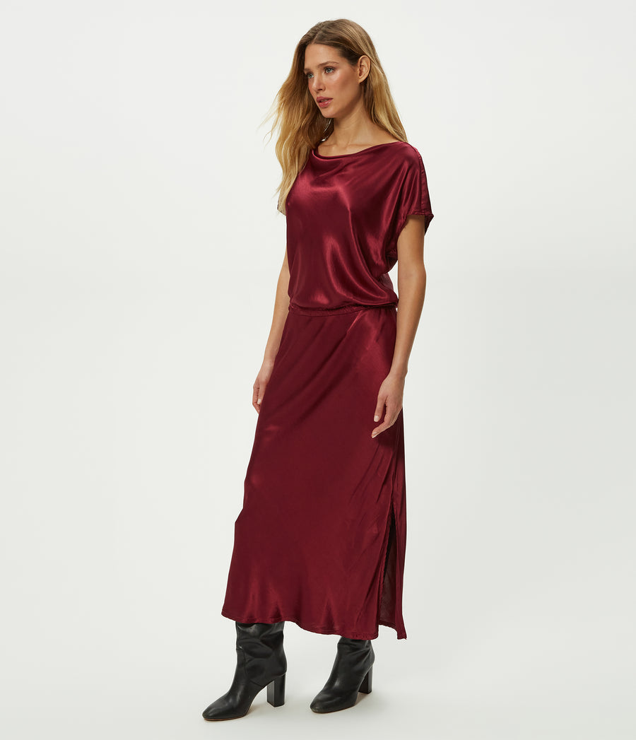 Karter Satin Midi Dress in Garnet Red Side View #GARNET
