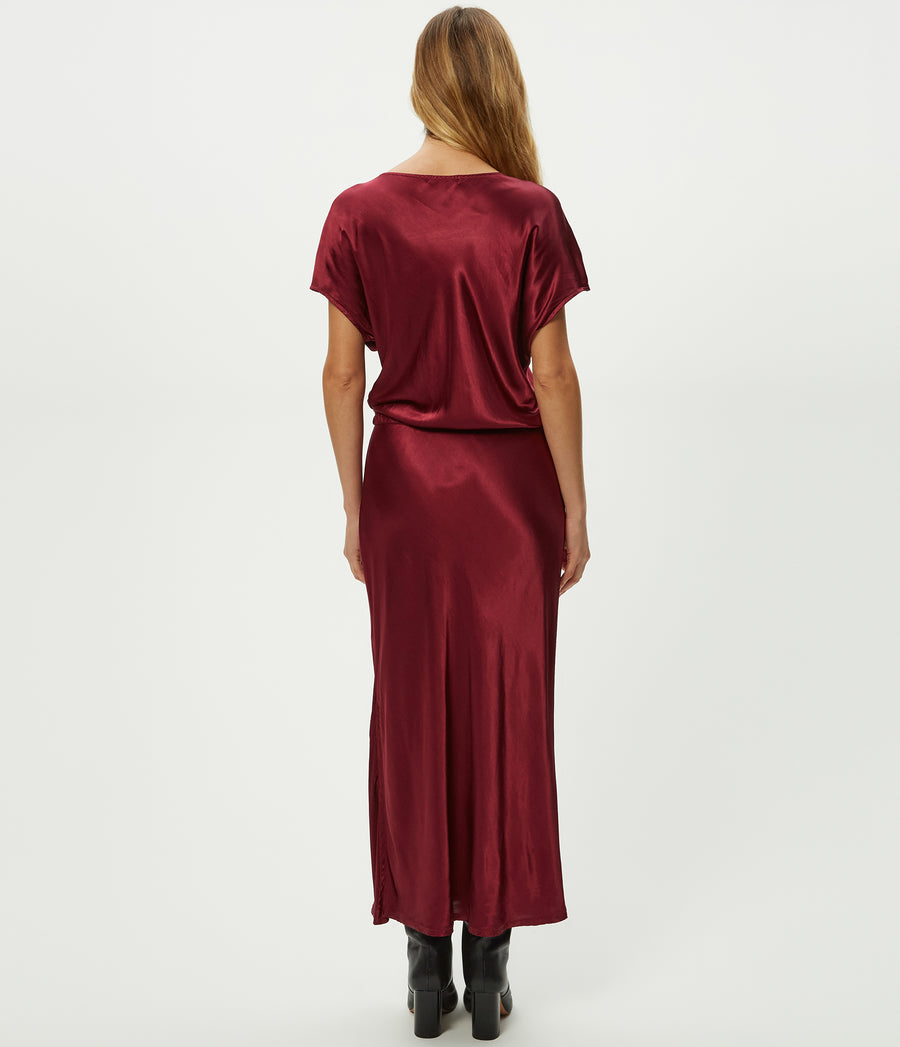 Karter Satin Midi Dress in Garnet Red Back View #GARNET