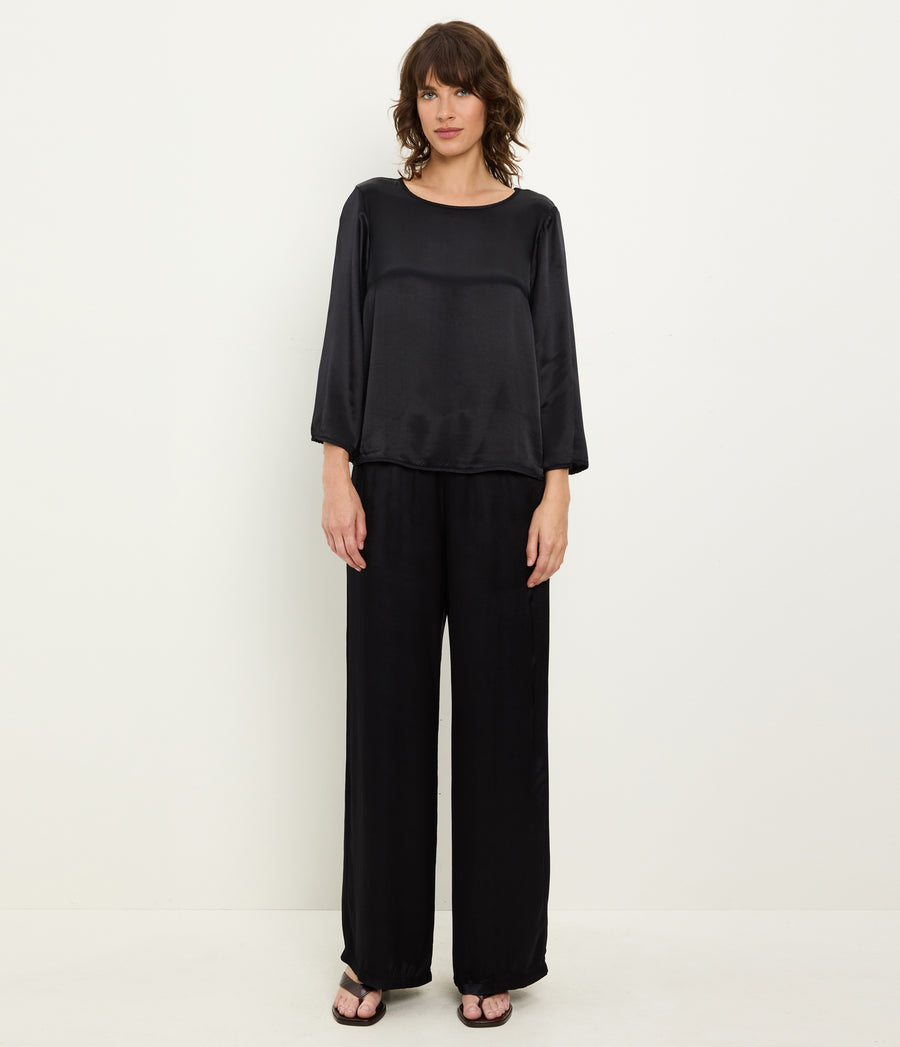 Rachelle Satin Boat Neck Top in Black Full Body View #BLACK