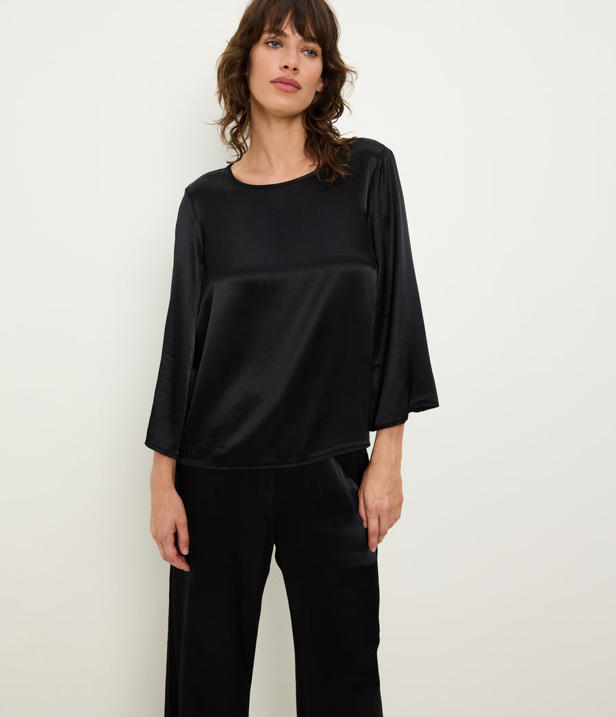 Rachelle Satin Boat Neck Top in Black Close up View #BLACK