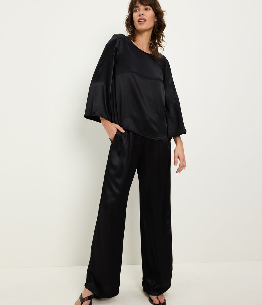 Rachelle Satin Boat Neck Top in Black Full Body View #BLACK