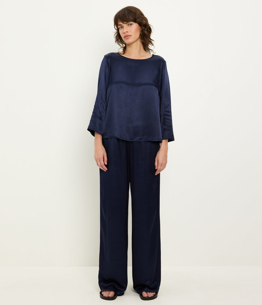 Rachelle Satin Boat Neck Top in Nocturnal Blue Full Body View #NOCTURNAL