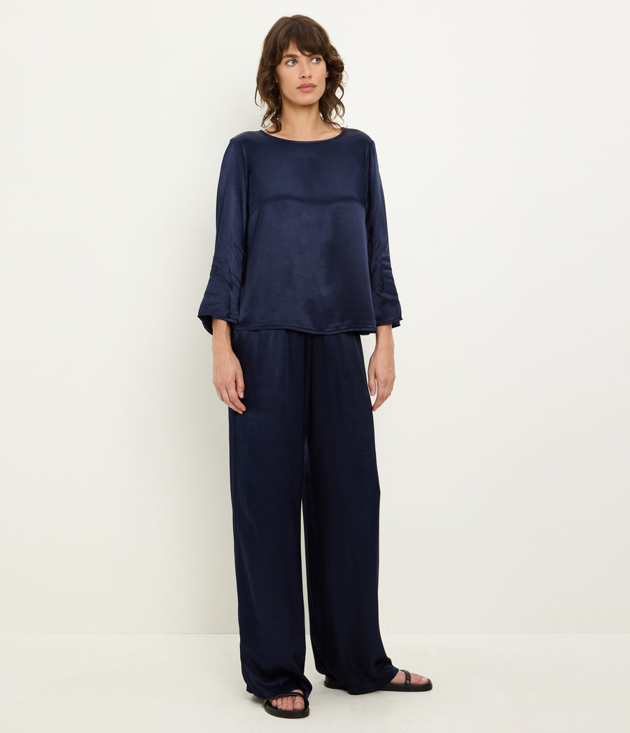 Rachelle Satin Boat Neck Top in Nocturnal Blue Full Body View #NOCTURNAL
