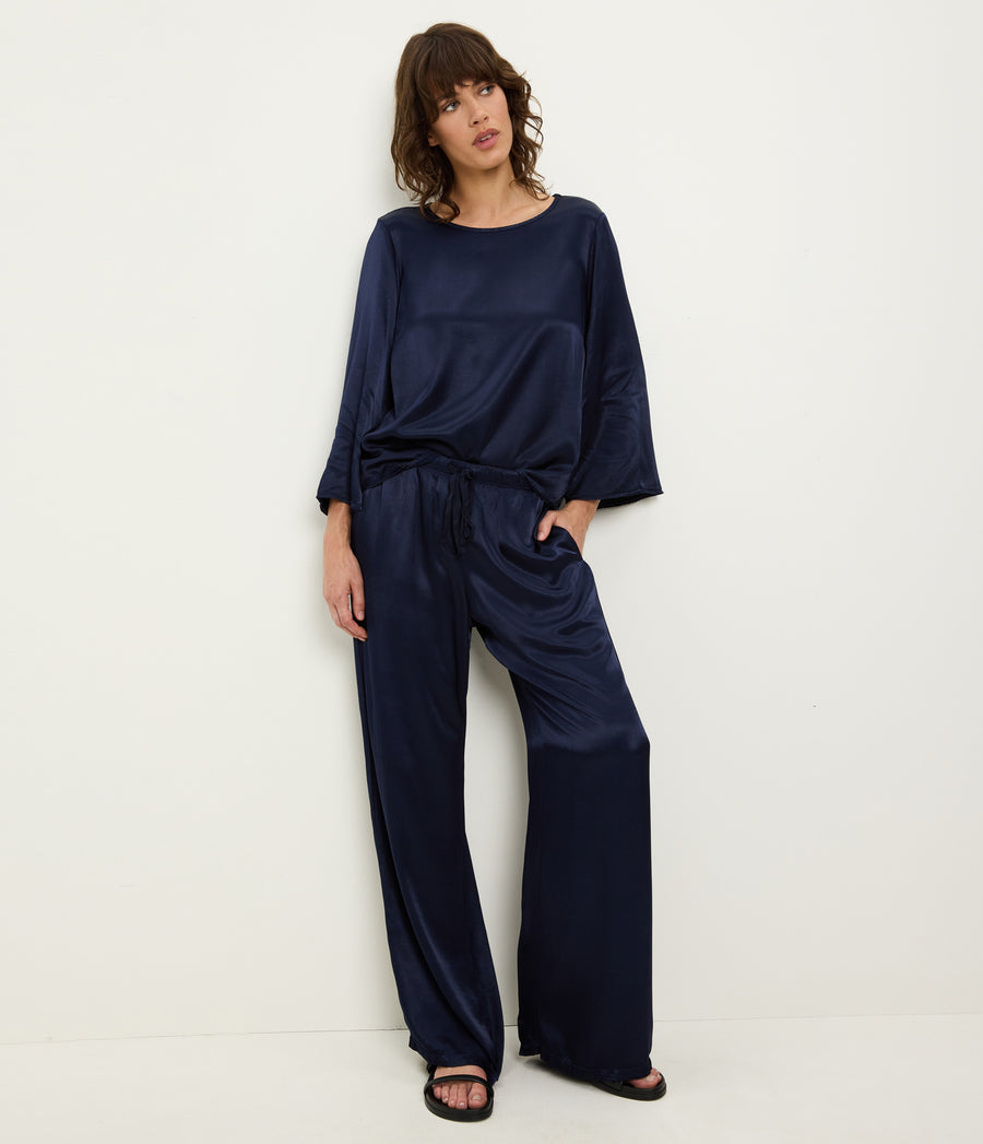 Rachelle Satin Boat Neck Top in Nocturnal Blue Full Body View #NOCTURNAL