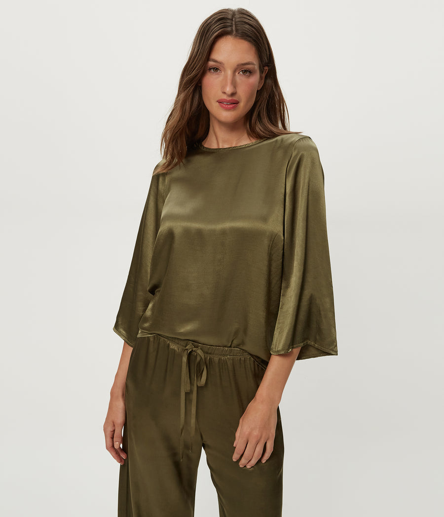 Rachelle Satin Boat Neck Top in CAPER Green Close up View #CAPER