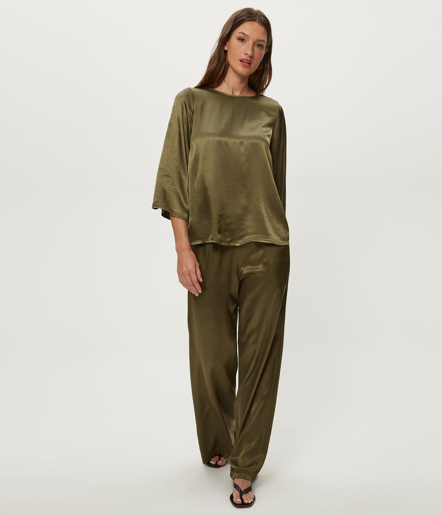 Rachelle Satin Boat Neck Top in CAPER Green Full Body View #CAPER
