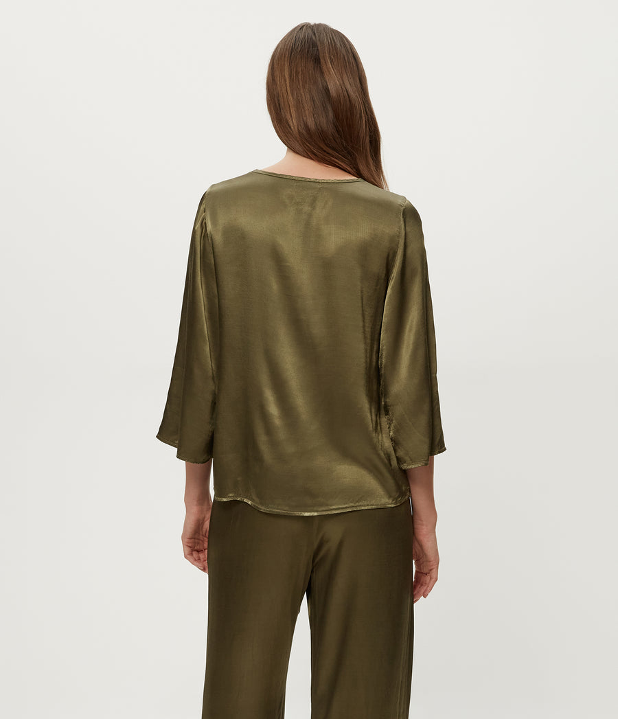 Rachelle Satin Boat Neck Top in CAPER Green Back View #CAPER