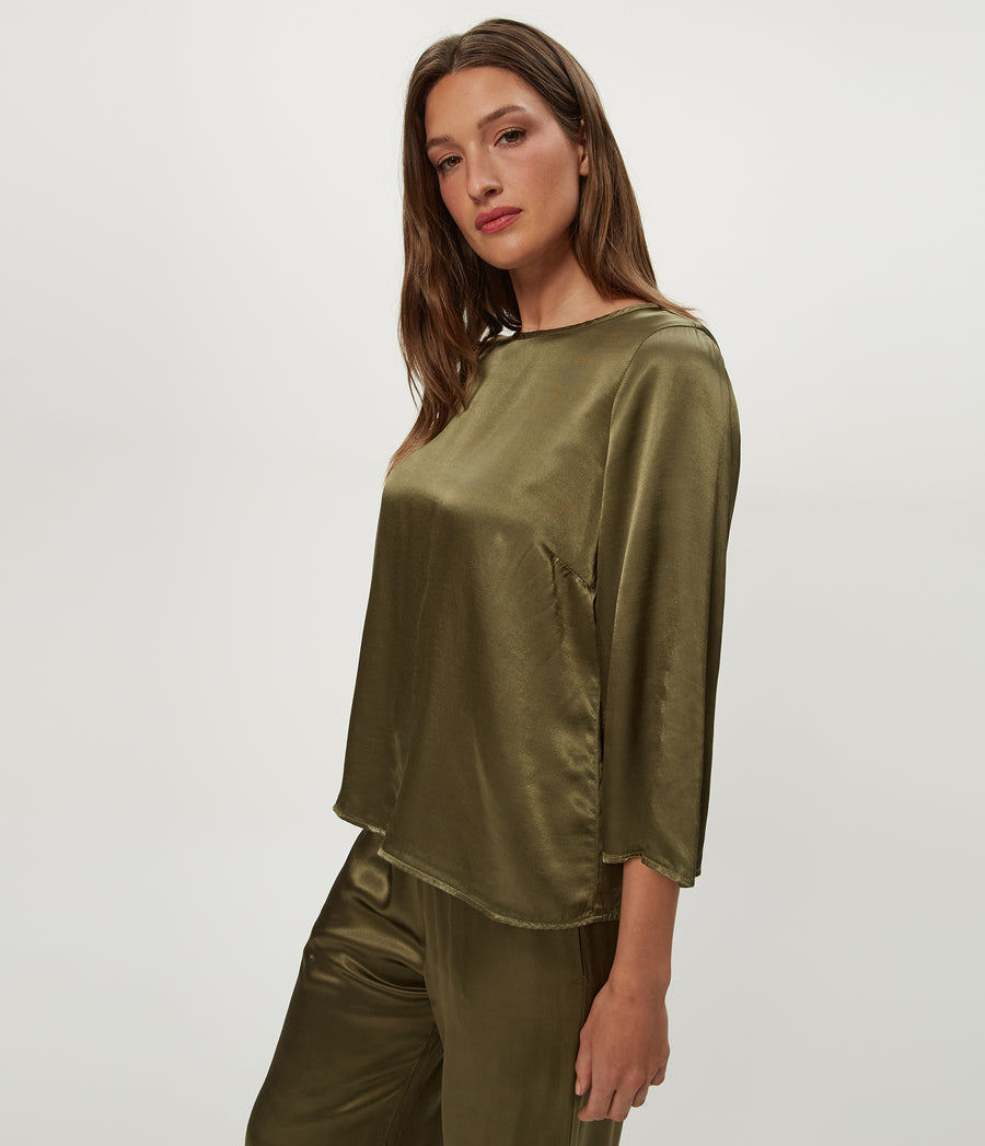 Rachelle Satin Boat Neck Top in CAPER  Green Side View #CAPER