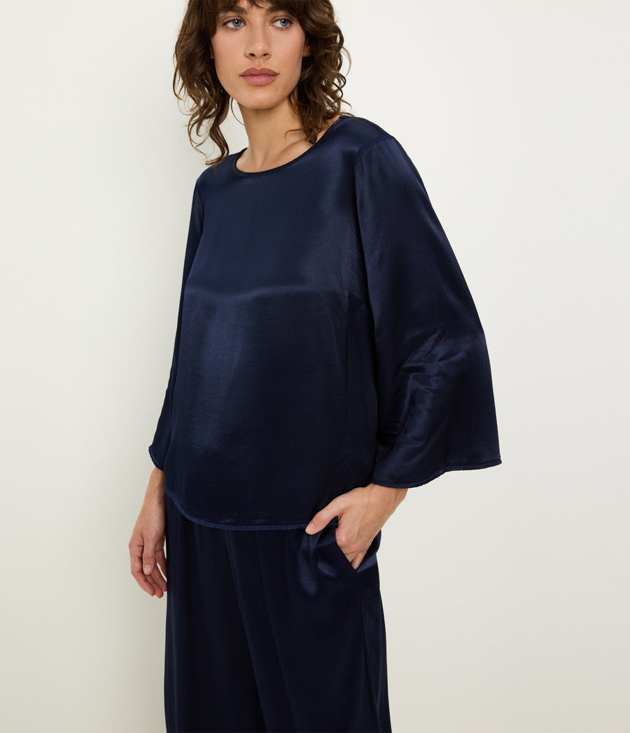 Rachelle Satin Boat Neck Top in Nocturnal Blue Side View #NOCTURNAL