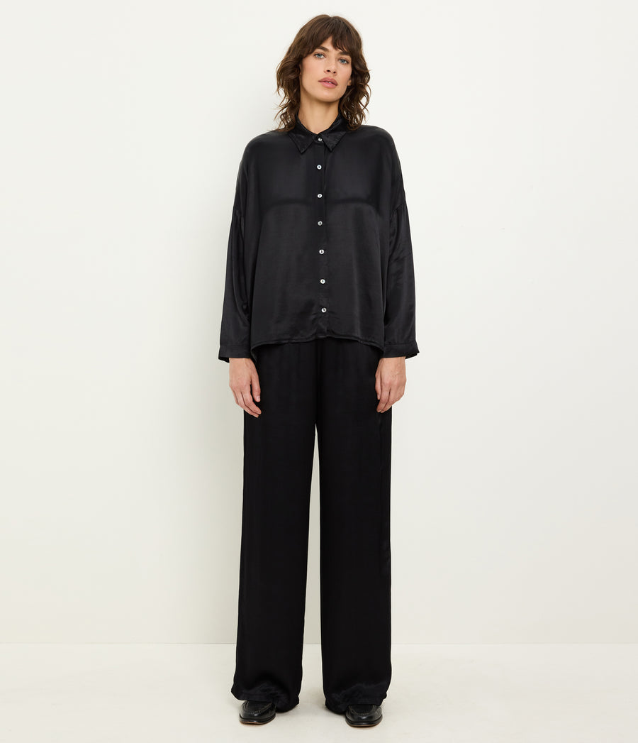 Devin Satin Button Down in Black Full Body View #BLACK