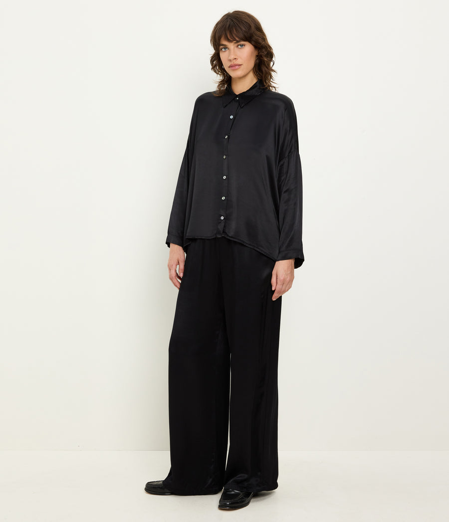 Devin Satin Button Down in Black Side View #BLACK