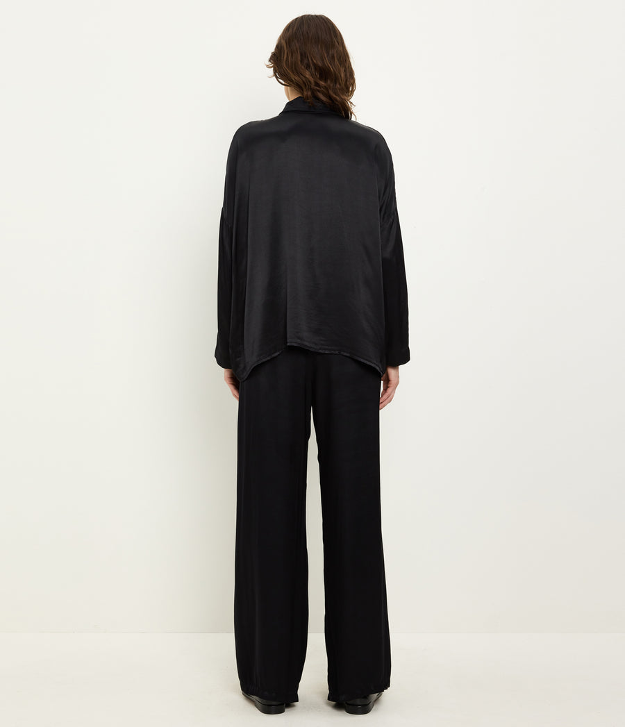 Devin Satin Button Down in Black Back View  #BLACK