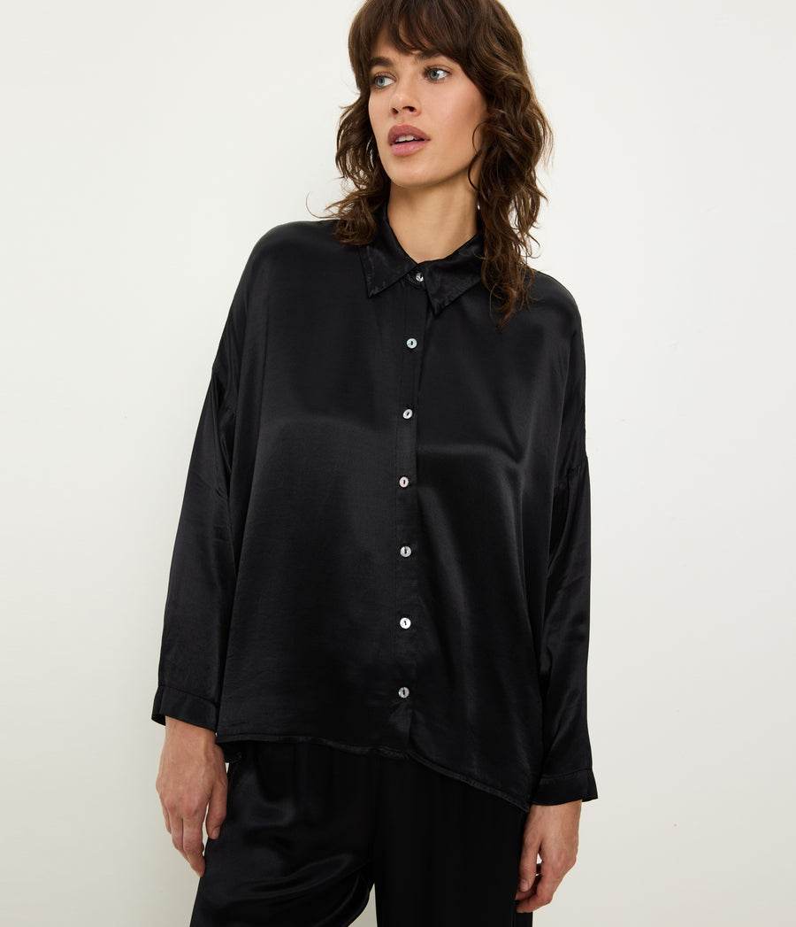 Devin Satin Button Down in Black Close up View #BLACK