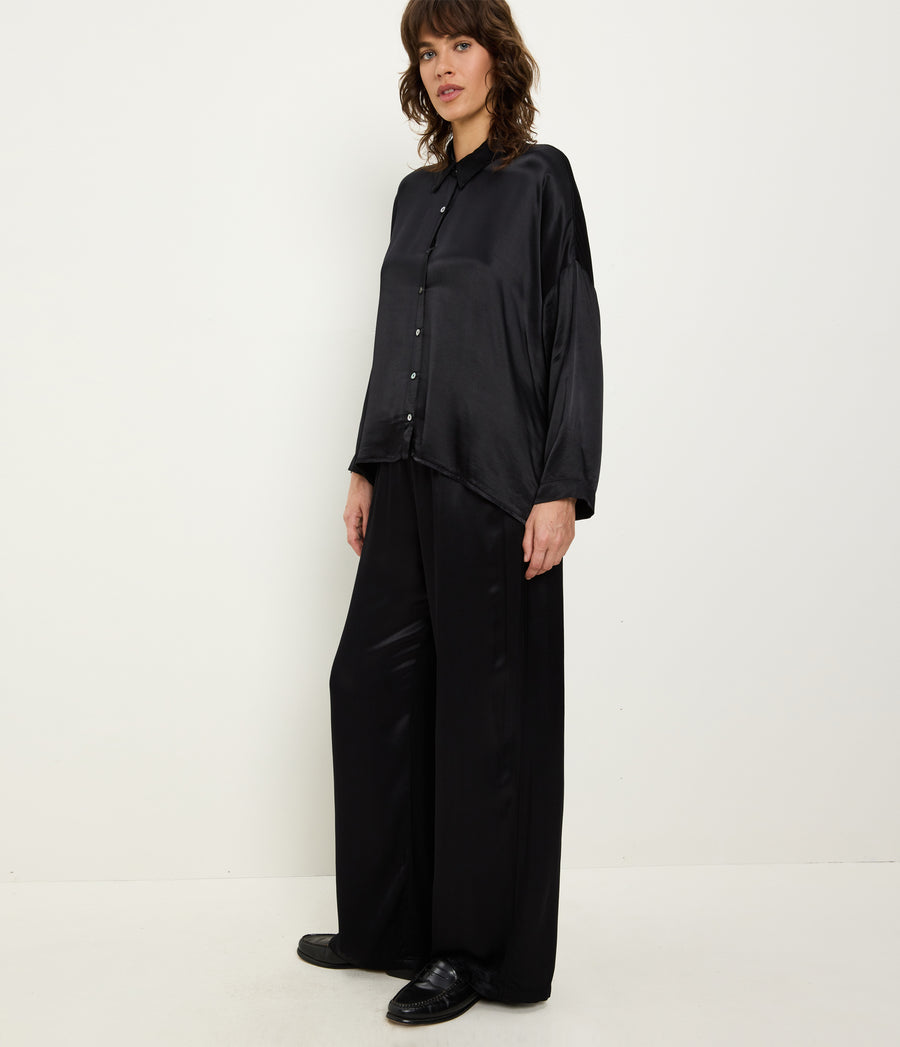 Devin Satin Button Down in Black Side View #BLACK