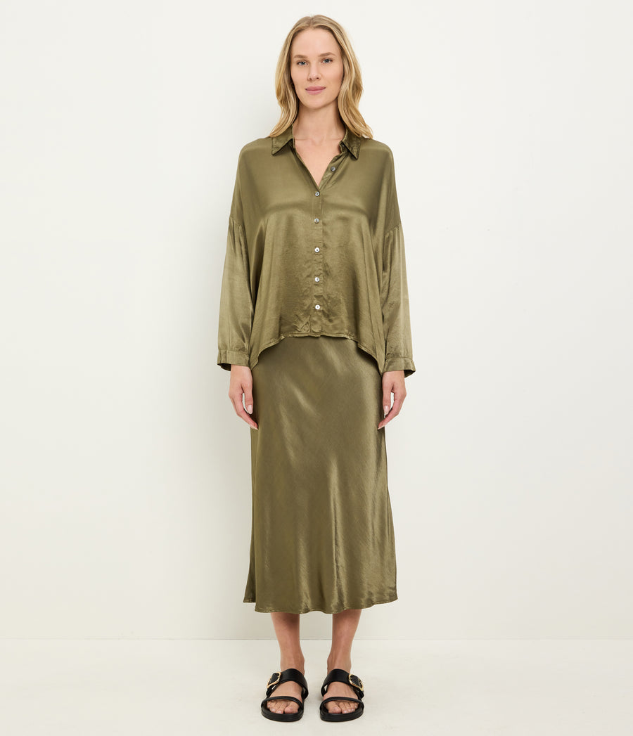 Devin Satin Button Down in CAPER Green Full Body View #CAPER