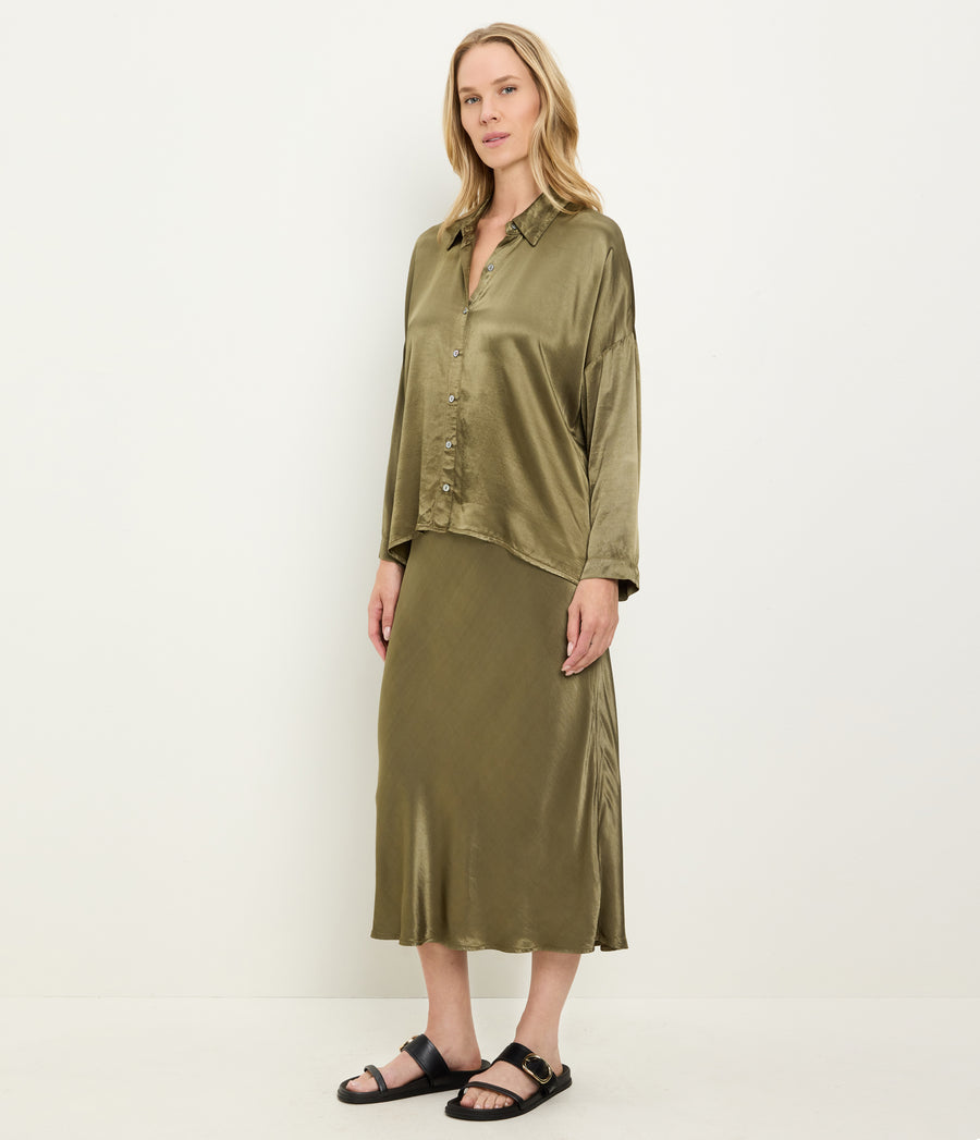 Devin Satin Button Down in CAPER  Green Side View #CAPER