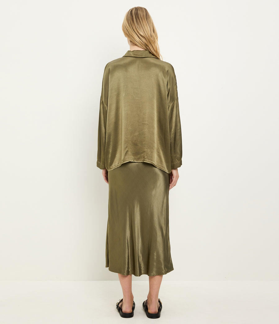 Devin Satin Button Down in CAPER Green Back View #CAPER