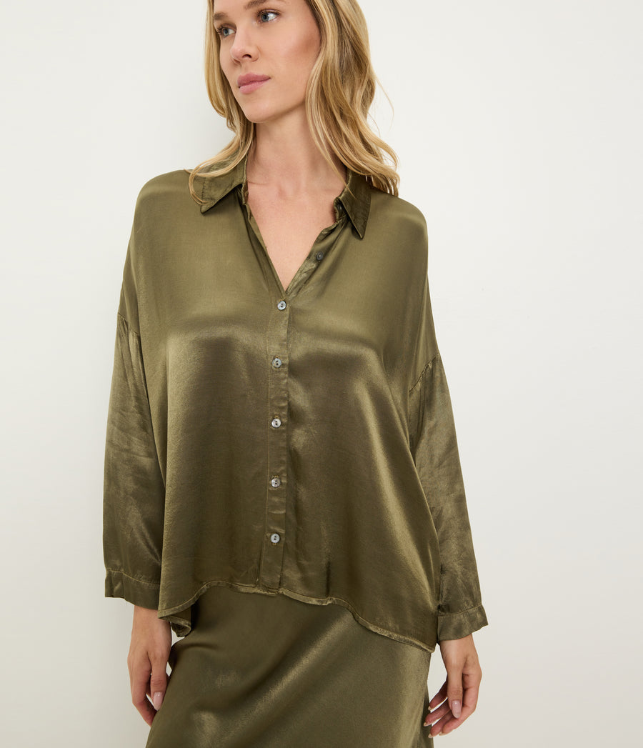 Devin Satin Button Down in CAPER Green Close up View #CAPER