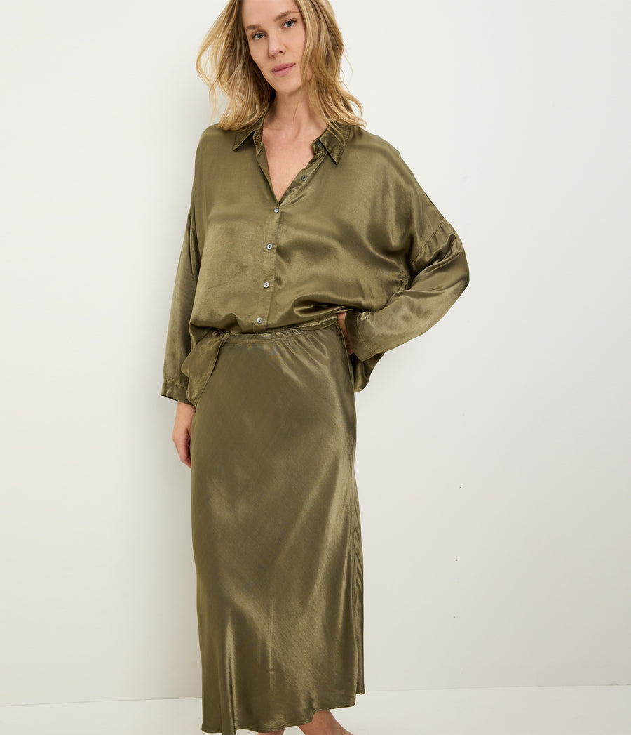 Devin Satin Button Down in CAPER Green Close up View #CAPER