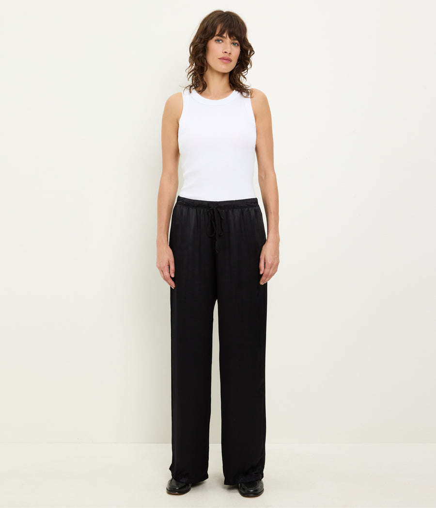 Jacqueline Satin Drawstring Pant in Black Full Body View #BLACK