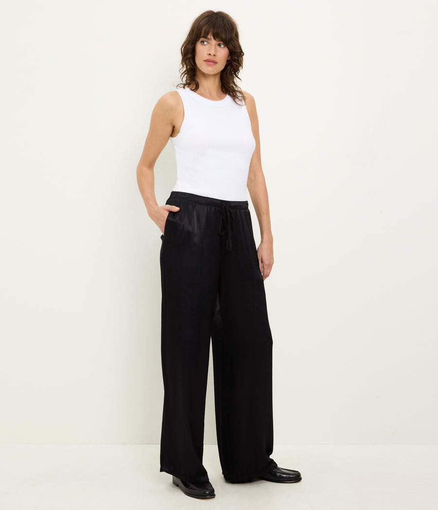 Jacqueline Satin Drawstring Pant in Black Side View #BLACK