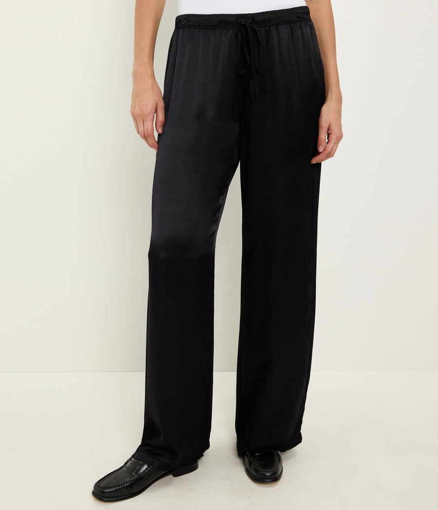 Jacqueline Satin Drawstring Pant in Black Close up View #BLACK