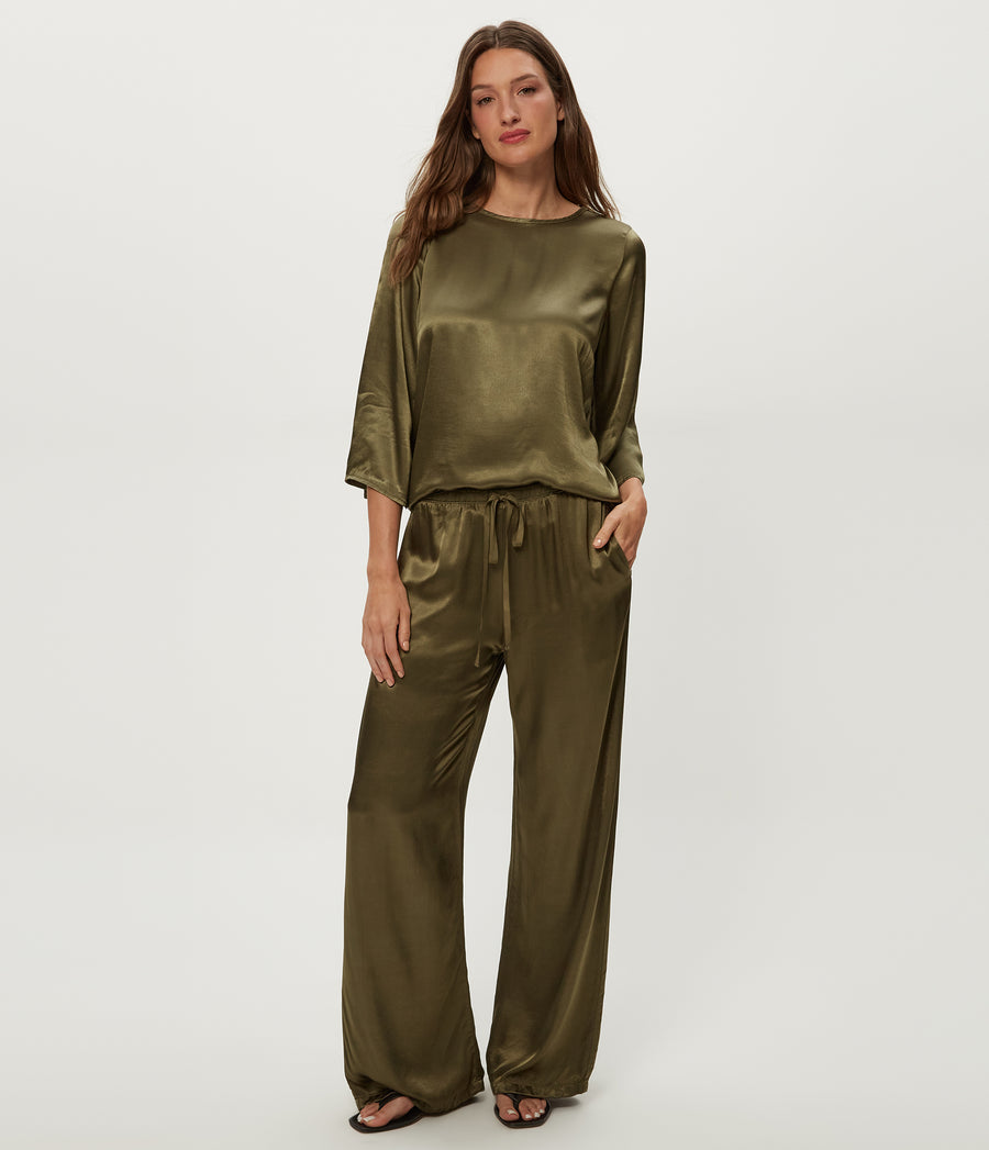 Jacqueline Satin Drawstring Pant in CAPER Green Close up View #CAPER