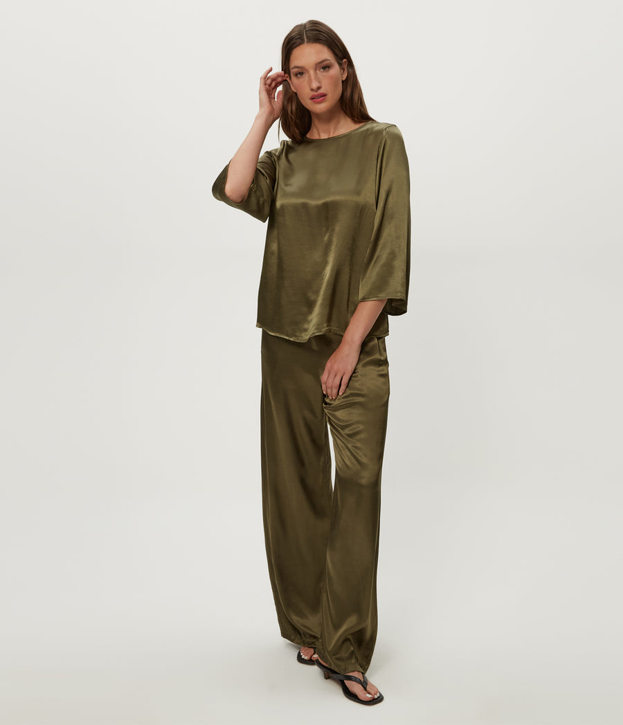 Jacqueline Satin Drawstring Pant in CAPER Green Full Body View #CAPER