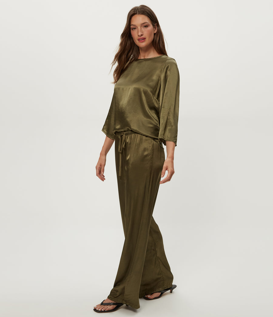 Jacqueline Satin Drawstring Pant in CAPER  Green Side View #CAPER