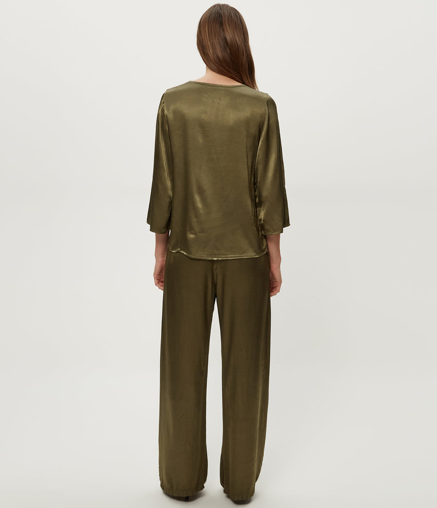 Jacqueline Satin Drawstring Pant in CAPER Green Back View #CAPER