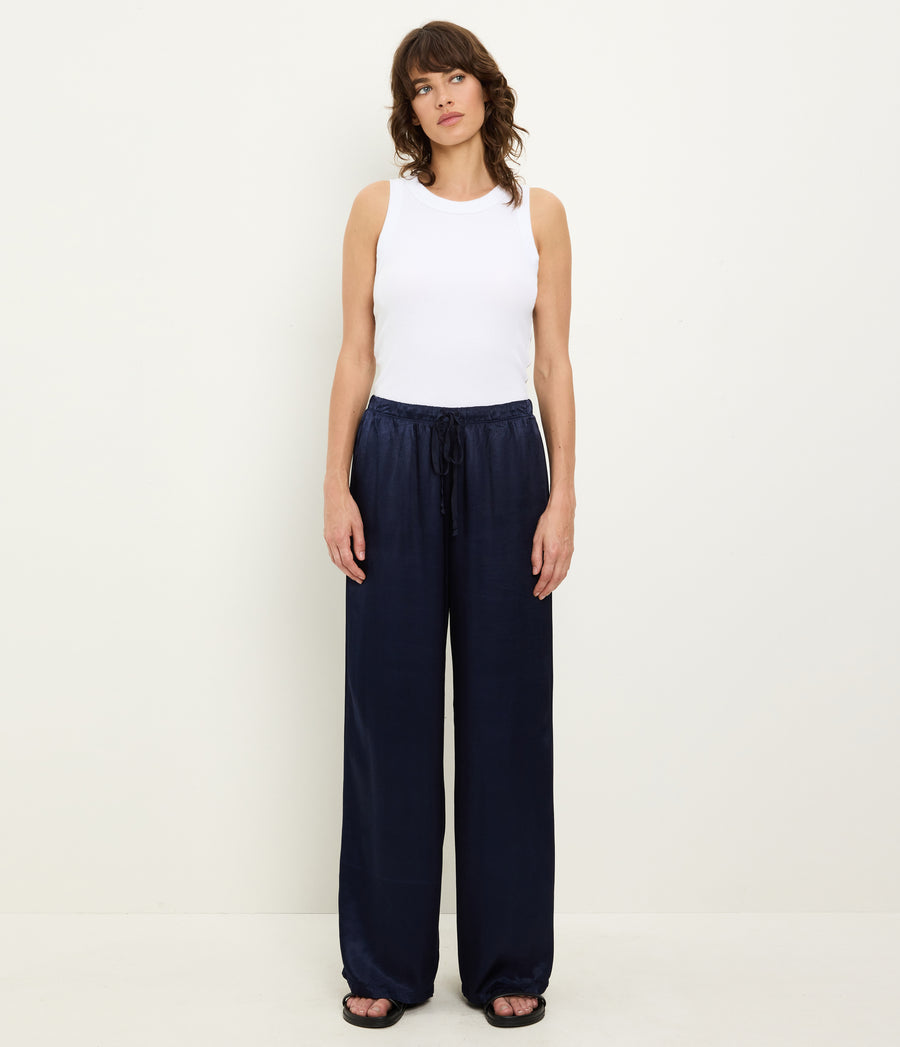 Jacqueline Satin Drawstring Pant in Nocturnal Blue Full Body View #NOCTURNAL