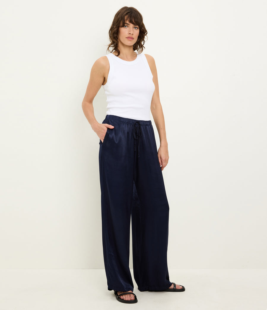 Jacqueline Satin Drawstring Pant in Nocturnal Blue Side View #NOCTURNAL