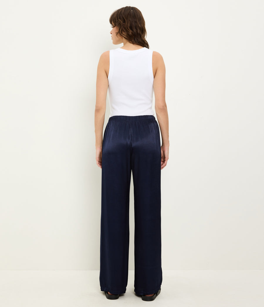 Jacqueline Satin Drawstring Pant in Nocturnal Blue Back View  #NOCTURNAL