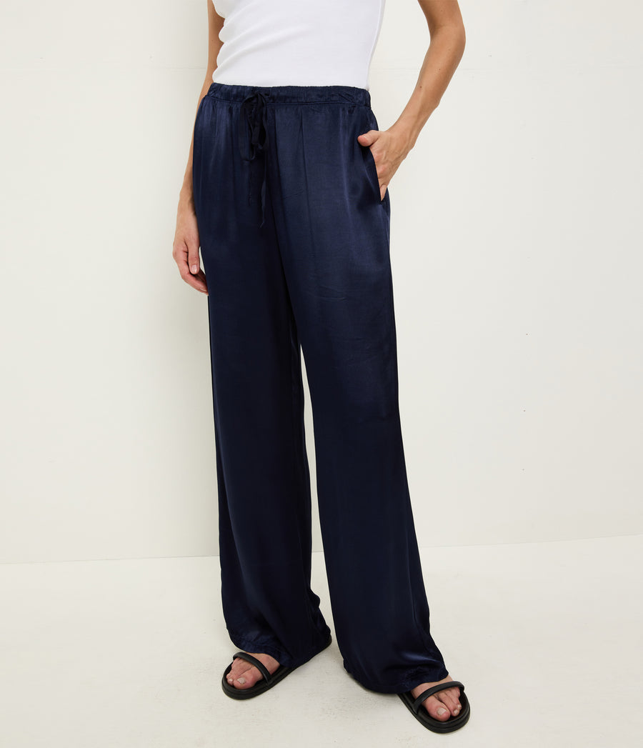 Jacqueline Satin Drawstring Pant in Nocturnal Blue Close up View  #NOCTURNAL