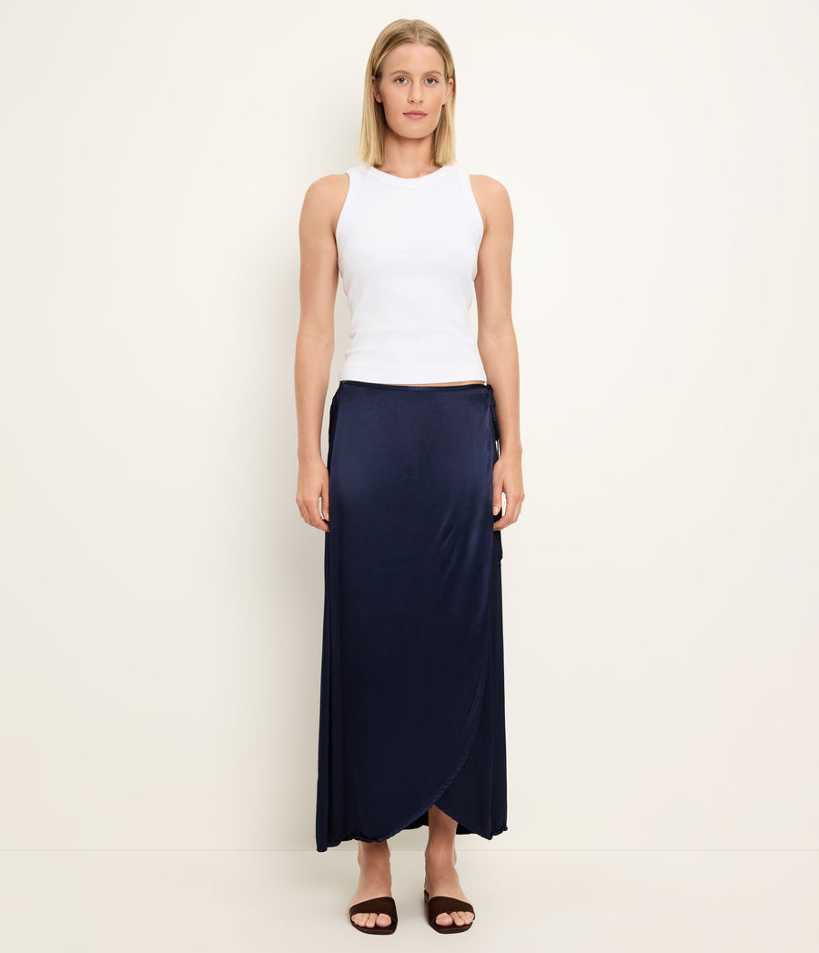 Diane Wrap Midi Skirt in Nocturnal Blue Full Body View #NOCTURNAL