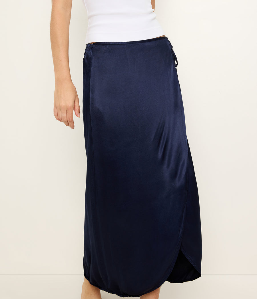 Diane Wrap Midi Skirt in Nocturnal Blue Close up View  #NOCTURNAL