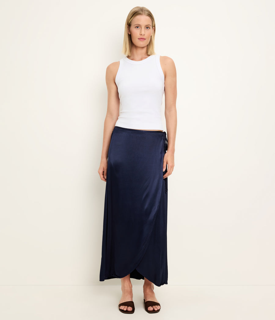 Diane Wrap Midi Skirt in Nocturnal Blue Full Body View #NOCTURNAL