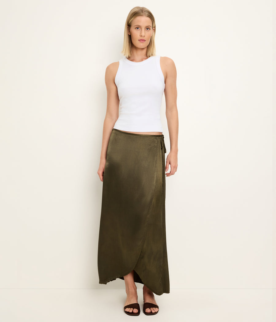 Diane Wrap Midi Skirt in TOPIARY GREEN  Close up View #TOPIARY