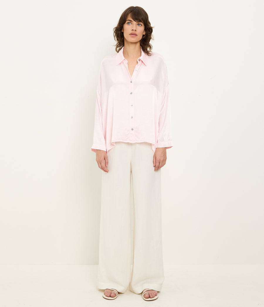 Devin Satin Button Down in BLUSH Pink Full Body View #BLUSH