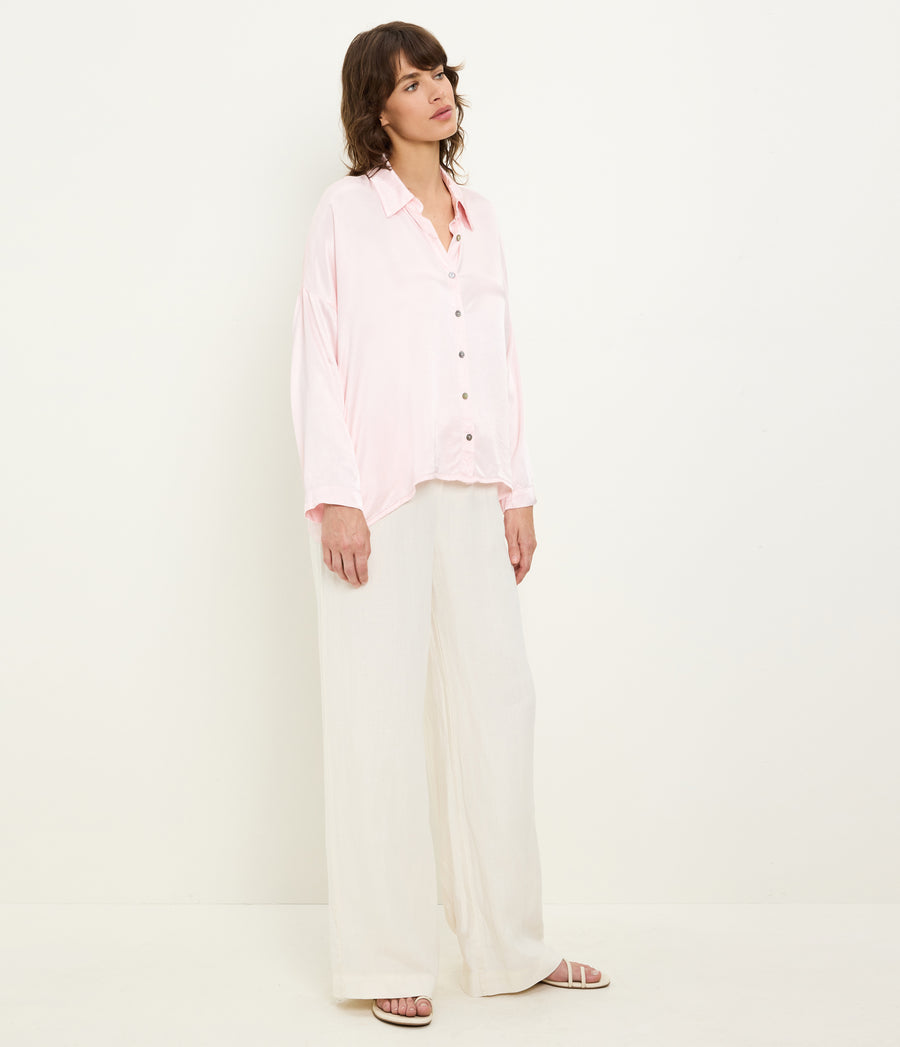 Devin Satin Button Down in BLUSH Pink Side View #BLUSH