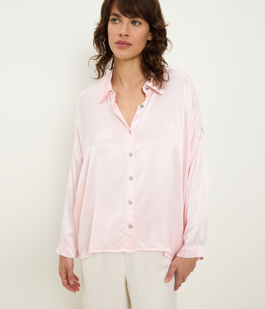 Devin Satin Button Down in BLUSH Pink Close up View #BLUSH