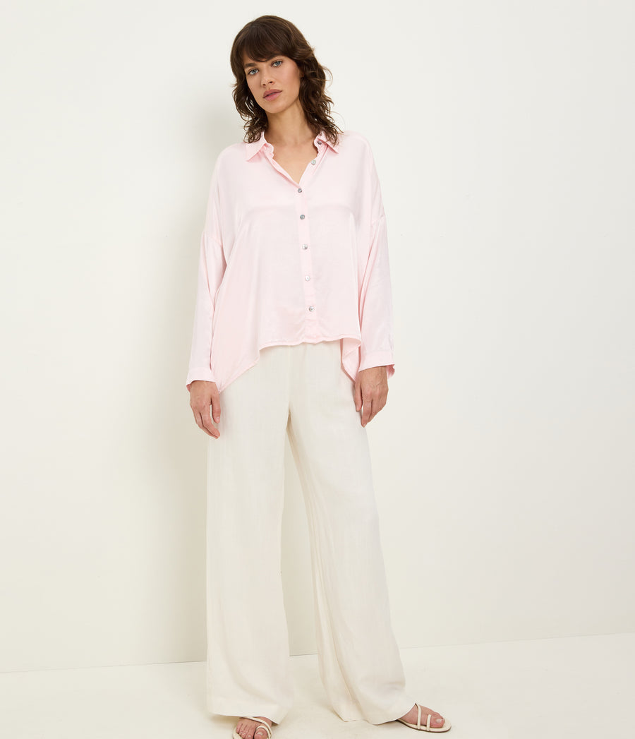 Devin Satin Button Down in BLUSH Pink Full Body View #BLUSH