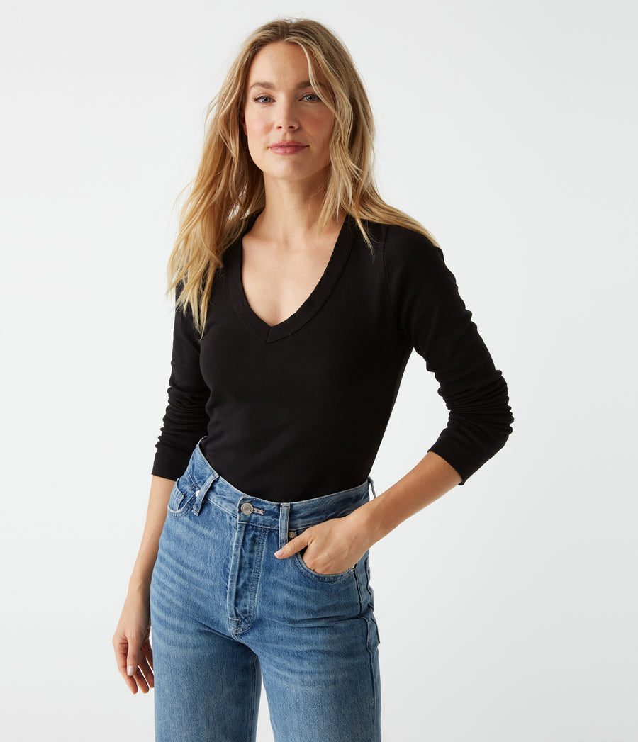 Molly V-Neck Tee in BLACK Black Close Up View #BLACK