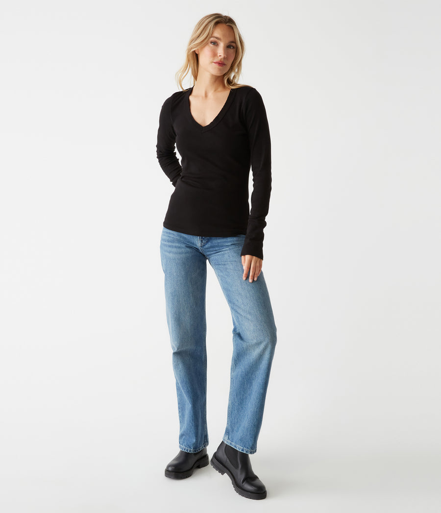 Molly V-Neck Tee in BLACK Black Full Body View #BLACK