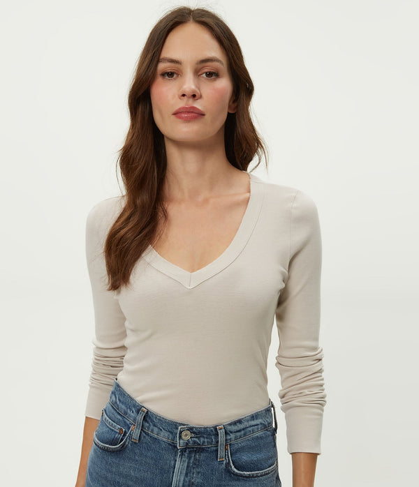 Molly V-Neck Tee in Cement Beige Close up View #CEMENT
